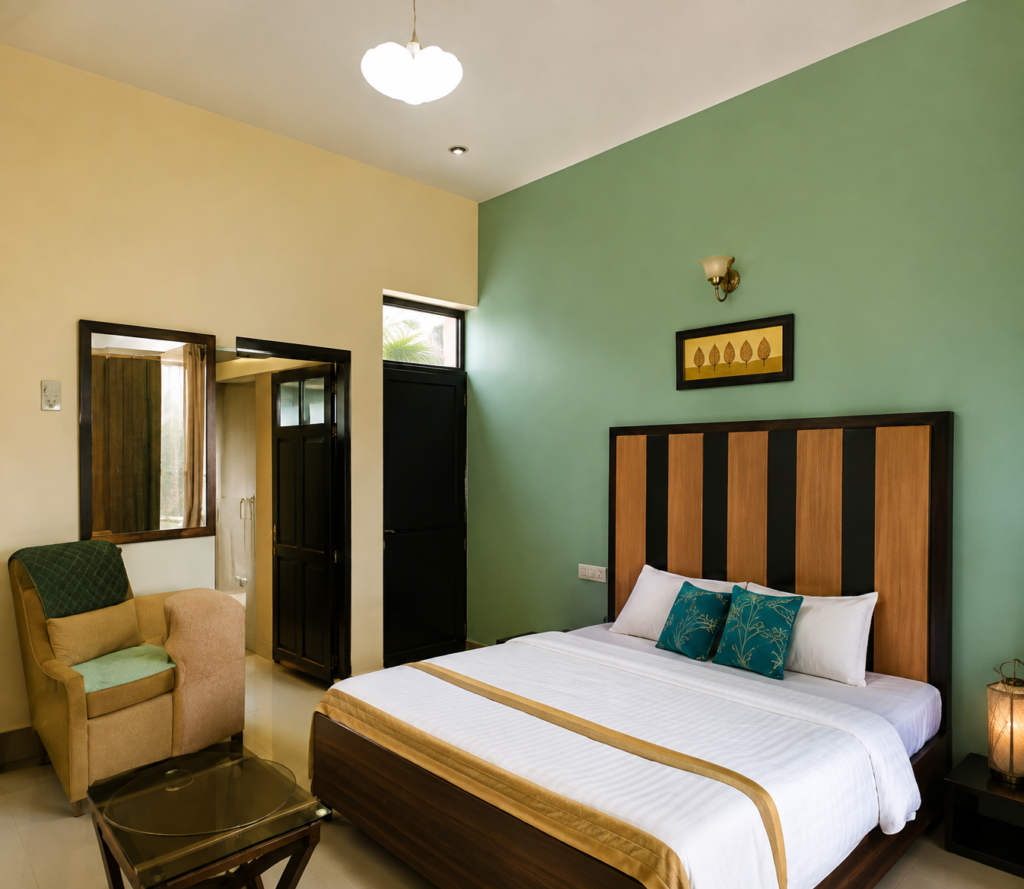 Deluxe room interior at farmhouse near Amritsar Airport